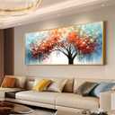Textured Tree of Life Wall Art for Living Room, Gold Framed 3D Abstract Tree Artwork for Office-Hand Painted Landscape Oil Painting on Canvas for Bedroom Home Decoration 24x56 inches