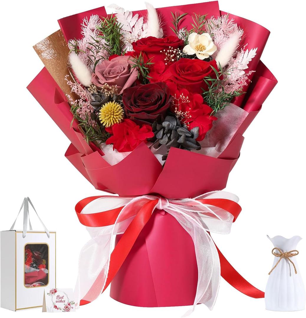 Emibele Flowers for Delivery Prime, Preserved Flowers Bouquets, Eternal Red Roses Last 3 to 5 Years, Birthday Anniversary Graduation Valentines Mother's Day Flower Gifts for Women Her Wife Mom Grandma