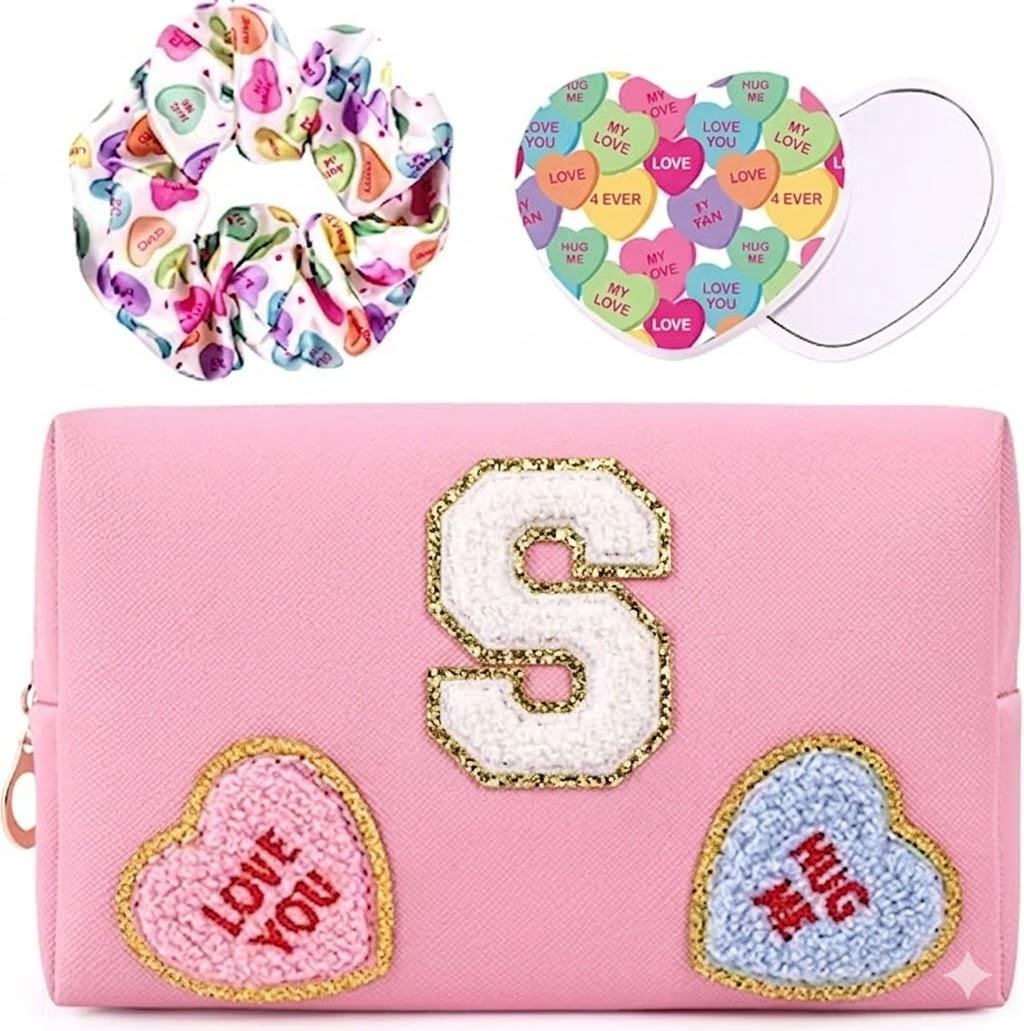 2 x Initial Makeup Bag with Mirror & Hair Scrunchies, Personalized Monogram Custom Cosmetic Bag Travel Toiletry Pouch, Birthday Gifts for Her Women Bridesmaid Teacher (S)