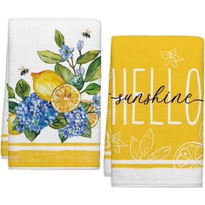 Spring Summer Hydrangeas Lemons Kitchen Towels, Hello Sunshine Dish Towels Set of 2, Spring Floral Holiday 18 x 26 Inch Hand Towel Quick Drying Dishcloth Decor for Kitchen Bathroom Home