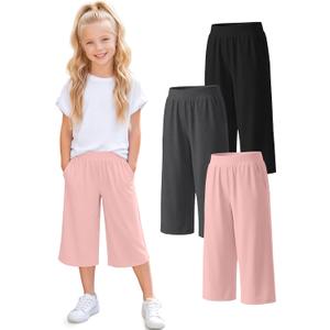 3 Pack Girls' Capri Pants Wide Leg | Elastic, Waist, Loose Fit, Capris, Casual, Workout, Summer, Cropped, Pants, Pockets