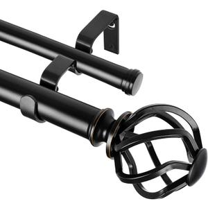 KAMANINA Black Double Curtain Rod 140 to 195 Inches (12-16 Feet), 1 Inch Curtain Rods for Windows 60 to 191, Heavy Duty Telescoping Drapery Rods with Twisted Cage Finials