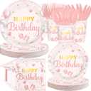 168Pcs Pink Happy Birthday Party Decorations Pink Rose Gold Plates Cups and Napkins Tableware Sets Glitter Decorations for Girls Women Birthday Wedding Anniversary Party Supplies Serves 24