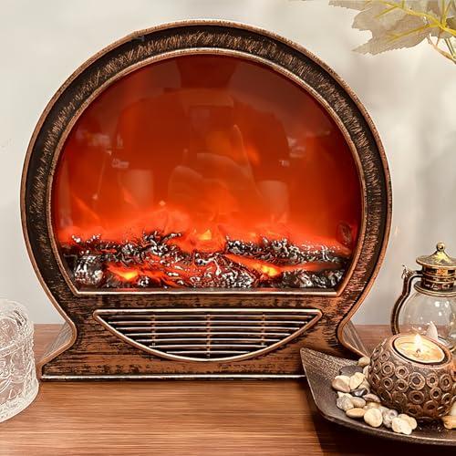 Simulated LED Fireplace Lantern USB & Battery Powered Flameless Light with Emulation Flame Table Decorative Lamp Copper Fireplace Ornament for Cozy Home Decor Free Standing Electric Log Burner