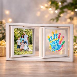 Family Handprint Frame Kit, Dual Rotating Photo & Handprint Display, DIY Keepsake Craft with Wooden Frame, Non-Toxic Paints, Baby Hand & Footprint Kit, Gift for Grandparents & New Parents (White)