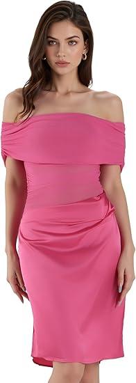 Zeflows Womens Off Shoulder Mesh Sheer See Through Bodycon Dresses Cutout Ruched Satin Sexy Y2k Beach Clubwear Dresses, Hot Pink-S
