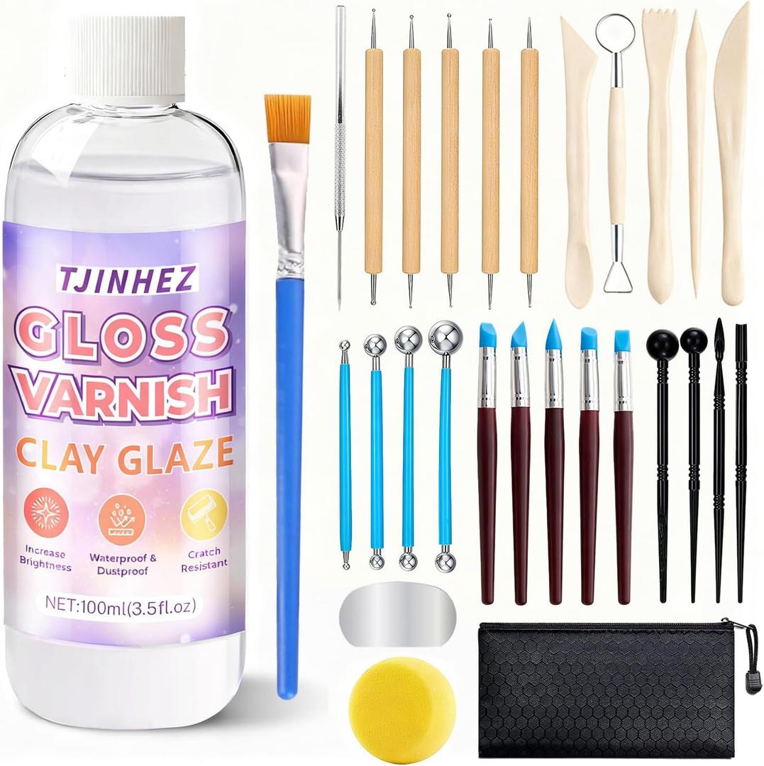 100ml Air Dry Clay Glaze and 29pcs Clay Tools Kit - Waterproof Scratch-Resistant Gloss Varnish Protects from Wear/Cracking, Pottery Tools for Stippling, Carving, Molding & Shaping Clay Crafts