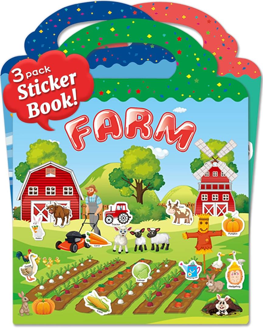 Benresive Reusable Sticker Book for Toddlers 2-4 Years, 3 Sets Travel Stickers for Kids, Waterproof Sticker Books for Toddlers 1-3, Crafts Activities for Todddlers 1-3 2-4 3-5