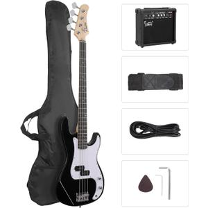 GLARRY Full Size Electric Bass Guitar Beginner Kit 4 String Exquisite Basswood Bass with 20W AMP, Cable, Strap, Bag and Accessories (Black, 39"Right Handed)