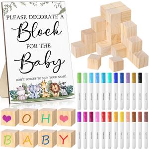 Tatuo 75 Pcs Woodland Baby Shower Favors Decorate a Block Baby Shower Game Games Kit Including Decorate Game Sign 50 DIY Wooden Block 24 Acrylic Paint Marker for Gender Reveal Game