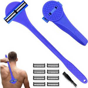 2 in 1 Back Shaver & Massage Cleaning Brush with Bendable Handle, Manual Stainless Steel Razor for Back & Body Hair Removal, Portable Wet Dry Body Groomer with 8 Pcs Replaceable Blades-Blue