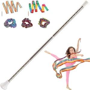 Quynhni Dance Baton, Batons for Twirling 22 inches Stainless Steel Material Gymnastics Wand and 3 Rainbow Hair Bands Suitable for Beginners Silver and Pink (2, White, 20)