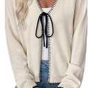 EVALESS Womens Cardigan Sweaters Trendy V Neck Long Sleeve Open Front Bow Tie Knit Chunky Lightweight Fall Outerwear Large