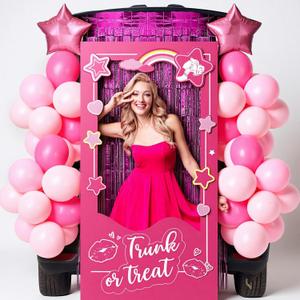 35 Pcs Halloween Trunk or Treat Car Decorations Kit Hot Pink Girls Theme Trunk or Treat Decorations with Balloon and Pink Photo Props for Car Garage Door Entryway Party Decor