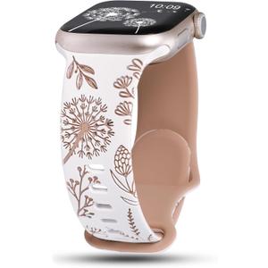 Wearlizer Floral Engraved Band Compatible with Apple Watch Bands 38/40/41/42/44/45/46/49mm Women, Two-Tone Flower Silicone Cute Sport Strap for iWatch Series 11 10 9 8 7 6 5 4 3 SE/Ultra 3 2 1 (White/Nude)