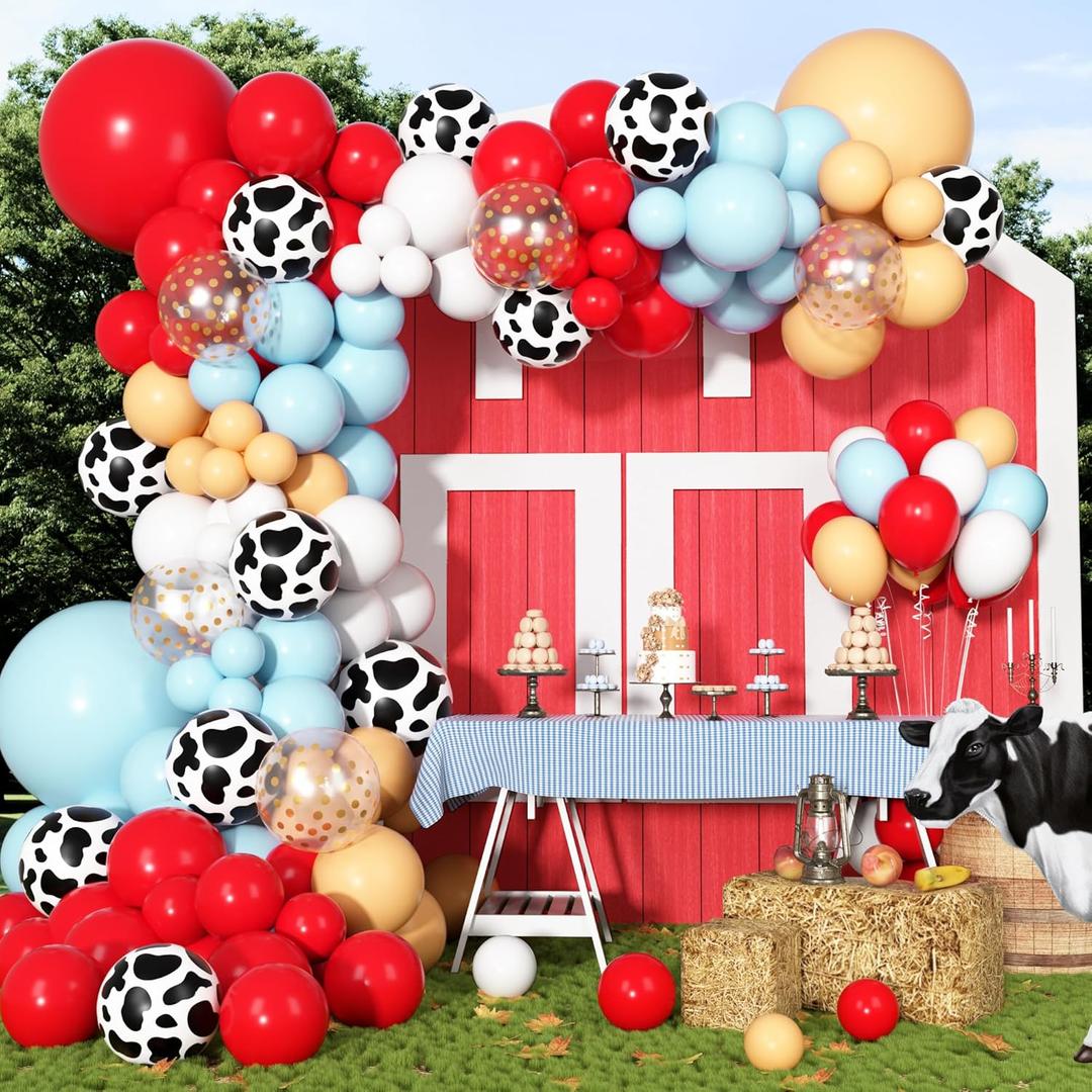 170Pcs Cowboy Western Balloons Arch Garland Kit,Red and Blue Cow Print Balloons for Western Cowboy Cowgirl Farm Animal Themed Baby Shower Birthday Party Decorations Supplies