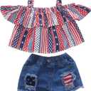 Noubeau 4th of July Toddler Girl Outfit American flag Halter Top Girls Ripped Jeans Denim Shorts Baby Girl Summer Clothes