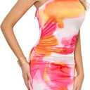 2 x VIPONES Women's Summer Tube Dress Ruched Bodycon Y2K Slim Fit Party Club Cocktail Short Mini Floral Dresses (L)