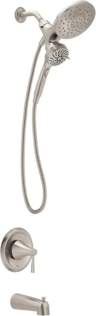 Moen Ronan Spot Resist Brushed Nickel Handshower and Rainfall Shower Head Trim Combo with Handle, Tub Spout, and Metal Hose, 82024SRN