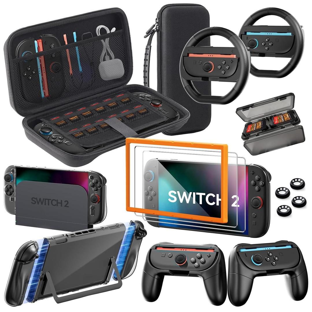 Accessories Bundle for Nintendo Switch 2, 16-in-1: Carrying Case, 2 Screen Protectors, Steering Wheel, Grip for Joycon Controller, Dockable Console Protective Cover Shell, etc. 2025 Switch2 Game Kit