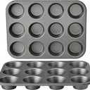 Amazon Basics Nonstick Round Muffin Baking Pan, 12 Cups, Set of 2, Gray, 13.9x10.55x1.22"