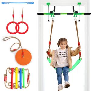 Doorway Swing for Kids & Door Pull Up Bar for Adults, Indoor Kid Swing with 4 Accessories, Multi-Function Doorway Gym, Fits Door Frame 24.41-30.51'' W x 3.94-6.69'' Thickness (Green)