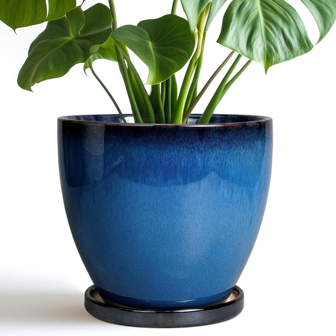 8 Inch Planter - Ceramic Plant Pot with Drainage Hole and Tray Round Planter Modern Flower Pot for Room Home Office Patio Porch Garden Decor Blue (Reactive Glaze Blue)
