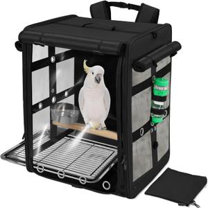 Bird Carrier Travel Cage, Cockatoo Carrier, Parrot Travel Backpack with Unbreakable Stainless Steel Mesh, Perch, Water Bottle and Food Bowl, X-Large Black