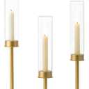 Hewory Gold Candle Holders Hurricane Candlestick Holders, 3Pcs Brass Candle Stick Candle Holder Candelabra, Taper Candle Holders with Glass Candle Cover for Wedding Table Centerpiece Christmas Decor