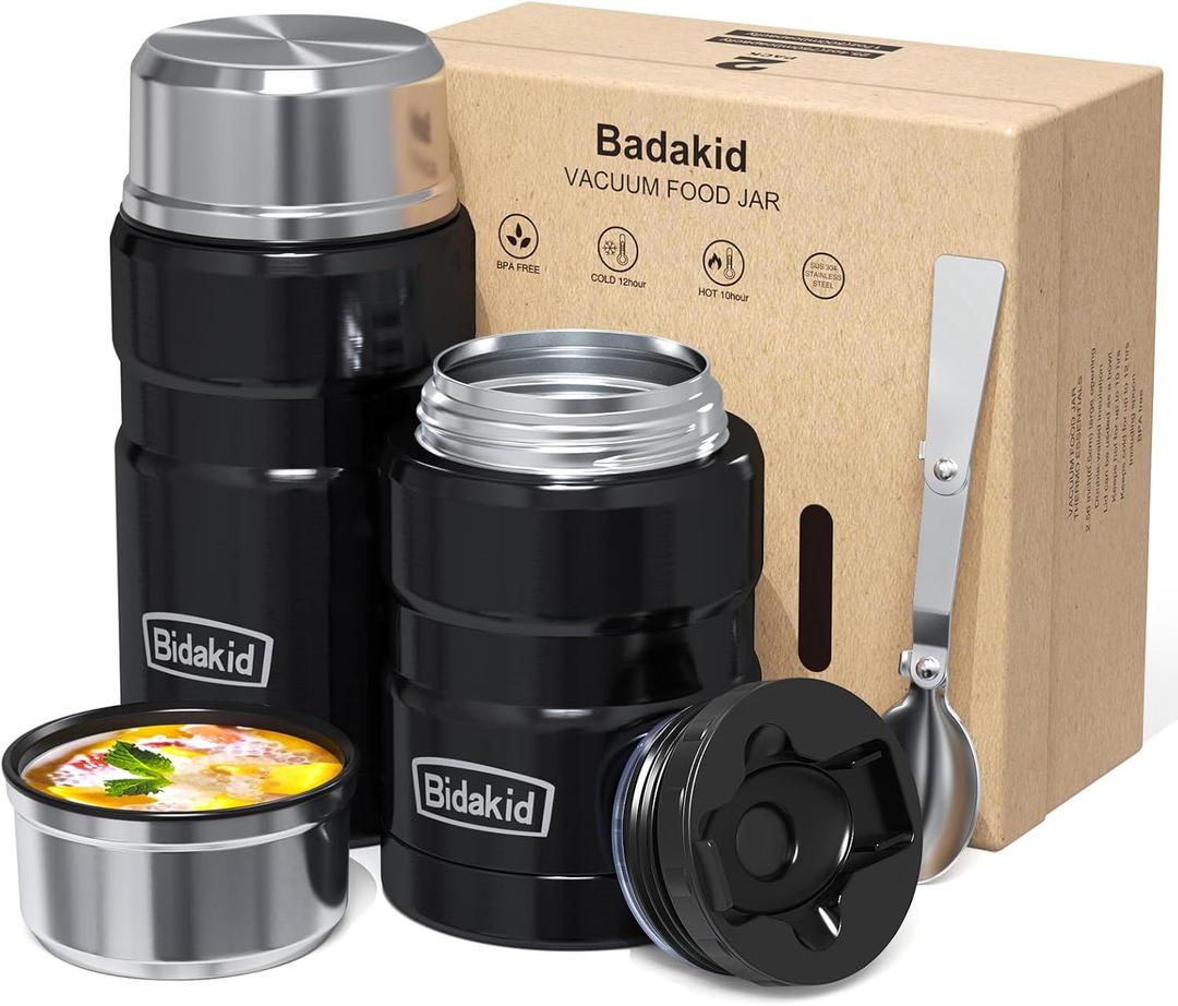 Insulated Food Jar Set  25.4oz & 17oz Stainless Steel Containers with Folding Spoon and Carrying Bags  Leak-Proof, Keeps Food Hot or Cold for up to 12 Hours  Ideal for Work, School, Travel (Black)