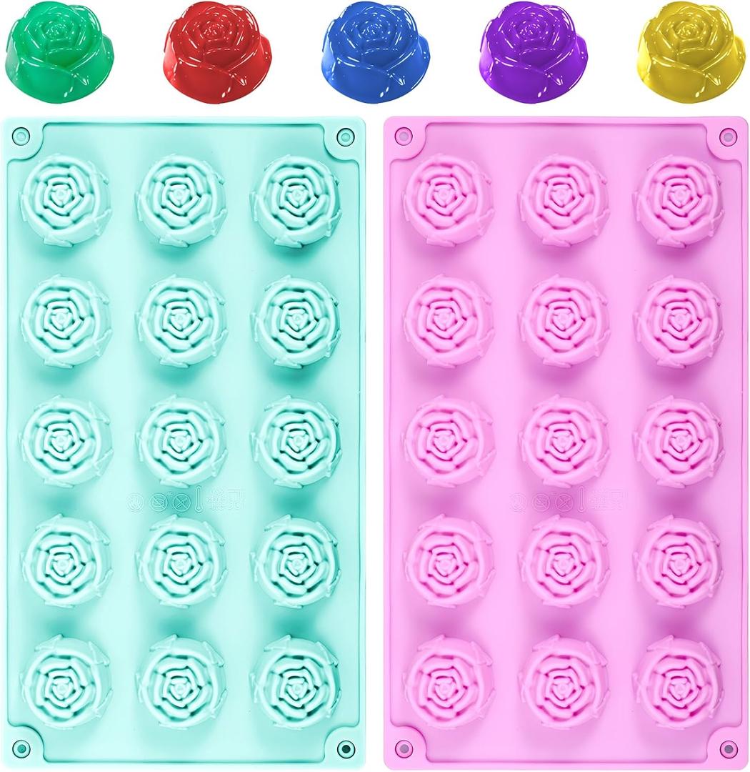 2 Pack Rose Silicone Chocolate Mold, 15 Cavity 3D Flower Fondant Silicone Molds, Rose Chocolate Mold Candy Ice Cube Fondant Molds for DIY Decoration