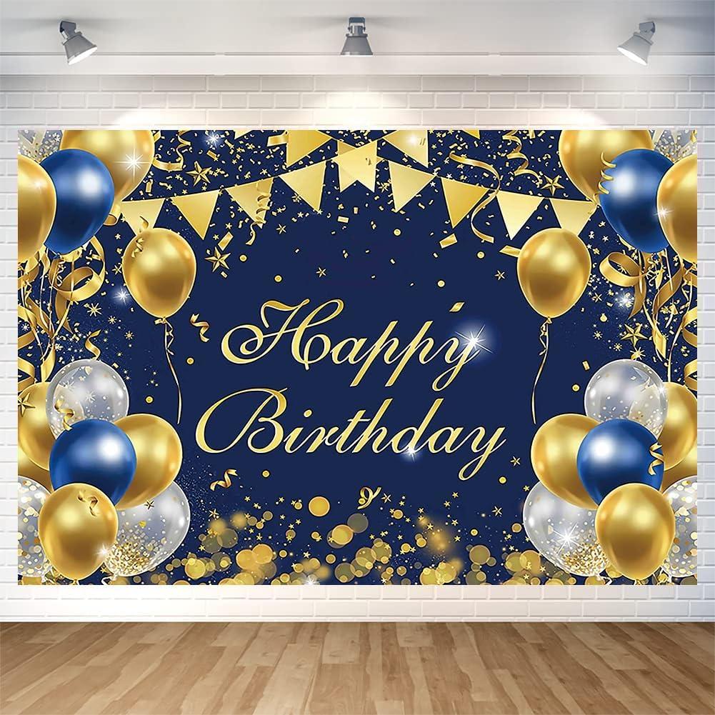 Blue Gold Birthday Party Backdrop Blue Gold Happy Birthday Banner Photography Background for Home Decorations Party Supplies 70.8 x 47.2 Inch