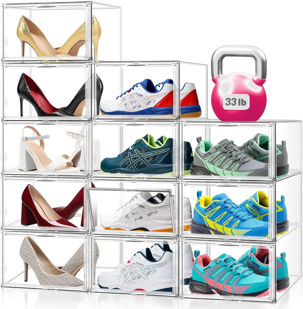 12 Pack Clear Shoe Boxes for Sneakers, Size 12 Acrylic Shoe Storage Under Bed Stackable Handbag Organizer with Magnetic Lid Collection Acrylic Display Case