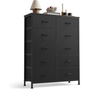 Sweetcrispy 10 Drawer Fabric Dresser Storage Tower with Bins, Tall Chest Organizer for Bedroom Closet Hallway, Steel Frame Wood Top Easy Pull Handles, Black
