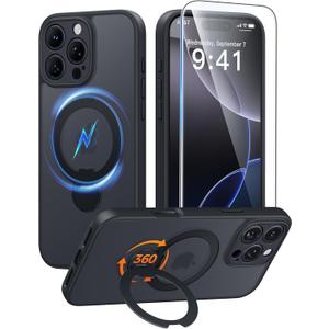 FNTCASE for iPhone 16 Pro-Max Case: [360 Spin Magnetic Stand] [Compatible with Magsafe] [Screen Protector] Translucent Matte Military Grade Shockproof Full Camera Protective Phone Cover - Black