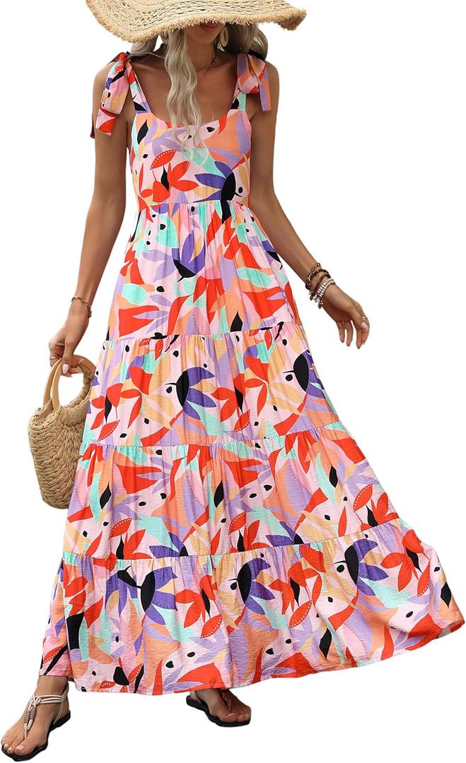 PRETTYGARDEN Women Dresses 2026 Summer Floral Sleeveless Maxi Dress Casual Spaghetti Strap Tiered Flowy Beach Long Dress (Pink, S)