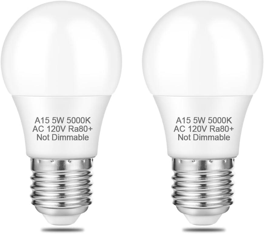 NETEHA 2 Pack A15 5W 120V E26 Base LED Refrigerator Light Bulb, Non-Dimmable 50W Equivalent 5000K Daylight White LED Appliance Light Bulb for Ceiling Fan and Lighting Fixtures