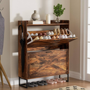 Shoe Cabinet with 2 Flip Drawers, Freestanding Shoe Organizer with Removable Hooks, Narrow Shoe Rack Cabinet for Entryway, Hallway, Living Room, Rustic Brown