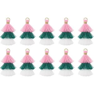 Uxcell 10Pcs Tiny Tri-Layered Tassels 1.6" Mini Tassel Bag Charm Bohemian Keychains Handmade Tassel Keychain for DIY Projects, Jewelry Making, Decoration (Pink/Green/White)