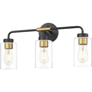 zeyu 3-Light Farmhouse Vanity Lights for Bathroom, 21 Inch Industrial Bath Wall Light Fixtures with Clear Glass Shade, Black and Gold Finish, ZS62B-3W BK+BG