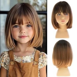 Dsimeig Short Straight Kids Wig Dark Roots Bob Wig with Bangs Synthetic Girls Cosplay Halloween Party Use，Light Brown
