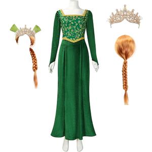 Princess Costume Dress Adult Classic Character Green Dress Velvet Long Sleeve Outsuit Kids Wig Halloween (Medium)