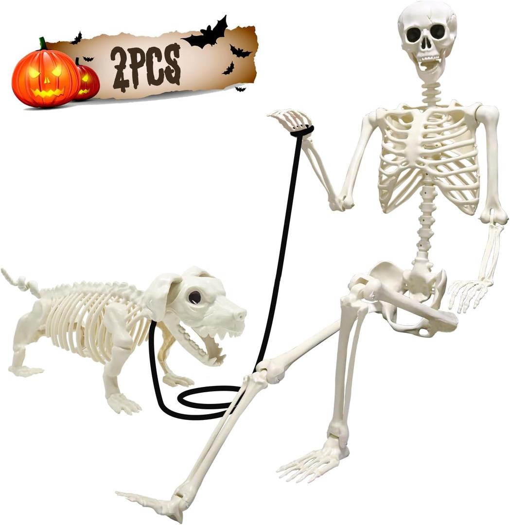 UMEELR 5.4FT Halloween Skeletons, Full Size Skeleton with Skeleton Dog, Plastic Life Size Human Skeletons for Halloween Graveyard Haunted House Party Decoration
