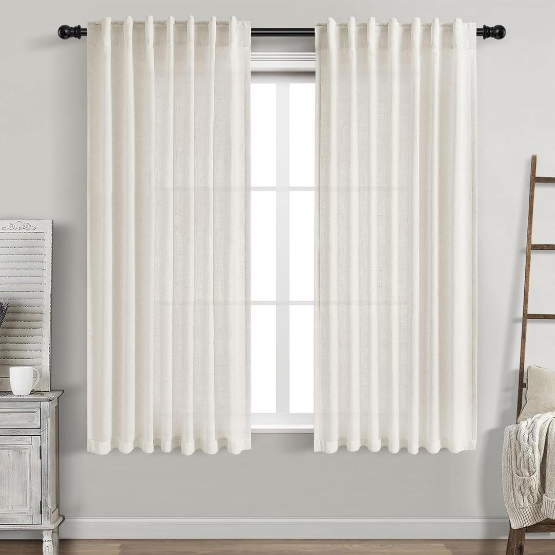 Cream Linen Back Tab Curtains 63 Inch Length for Living Room 2 Panel Set Neutral Modern Farmhouse Window Curtain Privacy Semi Sheer Linen Drapes Rustic Pinch Pleated Look Curtain Natural Ivory