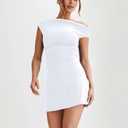 LAGSHIAN Women's Summer Off Shoulder Trendy Ruched Stretch Bodycon Cocktail Party Flare Mini Dress (White, Large)