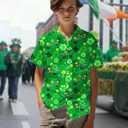 Yoimira Hawaiian Shirts for Boys, Button Down Short Sleeve Tropical Print, Kids Summer Beachwear Tops 7-14 Years (8, Four Leaf Clover and Rainbow)