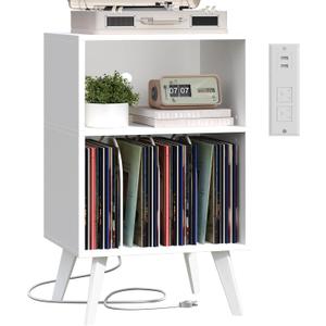 Record Player Stand, 3-Tier Side End Table with Charging Station, Turntable Stand Up to 160 Albums, Vinyl Storage Cabinet Dispaly Shelf for Living Room, Classic White