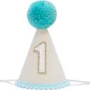 First Birthday Party Hat with lake blue Pom Pom, White and Gold Number 1, Decorative Party Accessory (1)