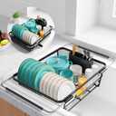 Sakugi Extendable Dish Drying Rack Over Sink with Dish Drainer, Sink Organization and Storage Essentials with Silverware & Utensil Holder, Home and Apartment Decor, 12" W x 16.1~23" L, Black