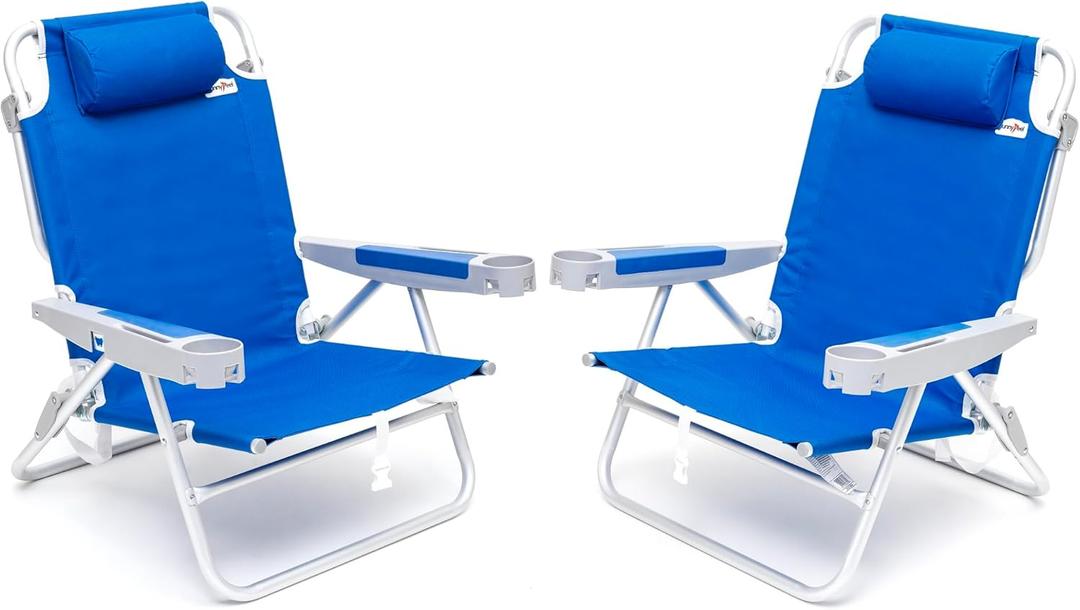 SUNNYFEEL Extra Wide 28" Low Beach Chair 2 Pack 5 Position Lay Flat, XL Oversized Portable Folding Camping Chairs with Cup Holder for Outdoor/Trip, Foldable Backpack Beach Chair for Adults (Navy Blue-2set)